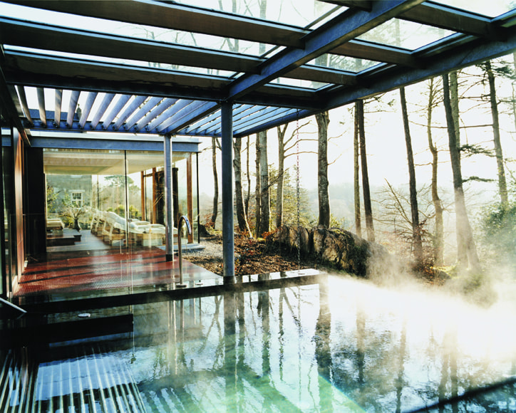 Roofed area with steamy pool and spa facilities looks out onto a forest.